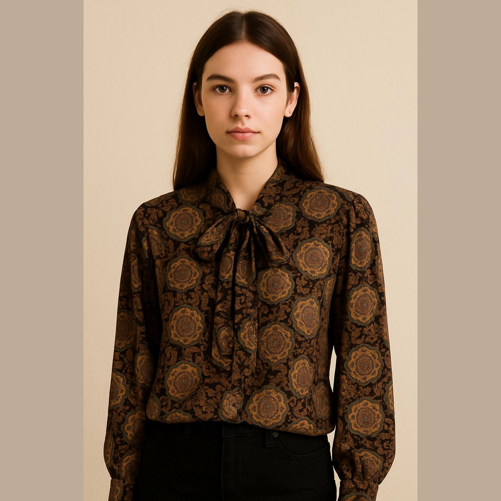 Vintage Brown and Gold Paisley Bow Tie Blouse